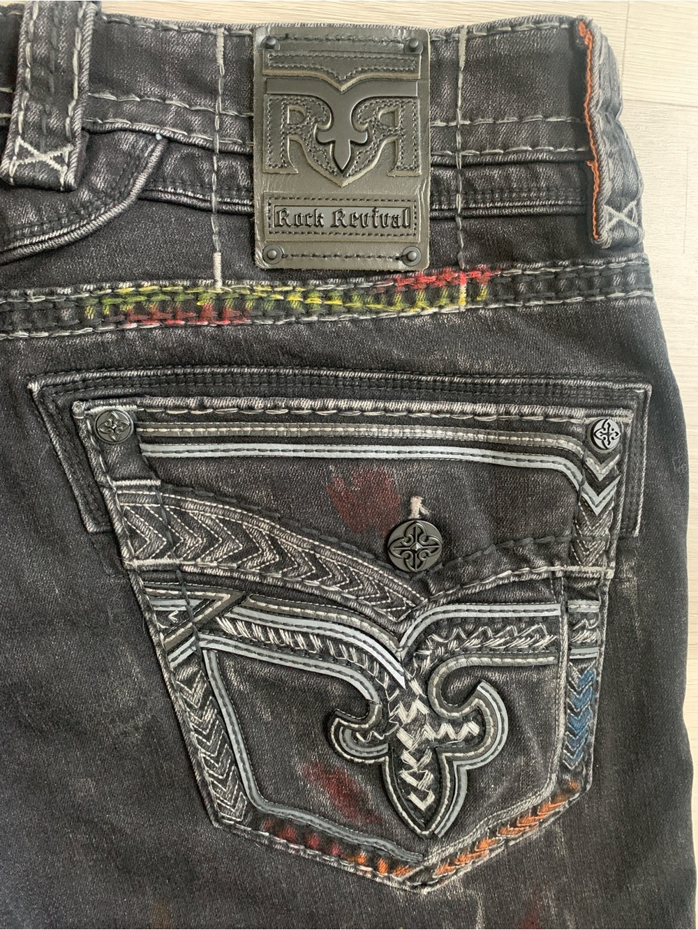 Rock Revival Lunar Rock Alt Straight Men’s Black Jeans with Multicolor Streaks - Picture 12 of 16